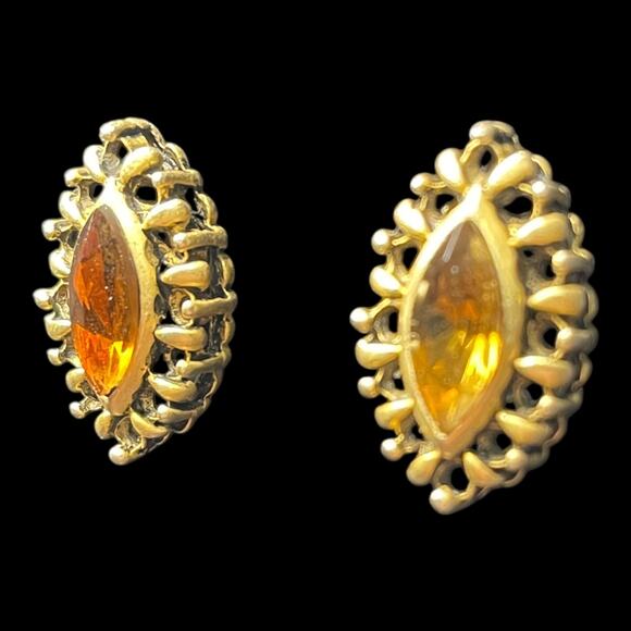 Vintage Amber Glass Marquise Stone Brass Tone Post Earrings - Picture 4 of 16